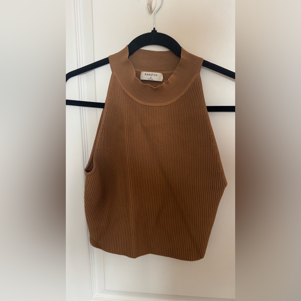 Babaton Tan Ribbed Sleeveless Top